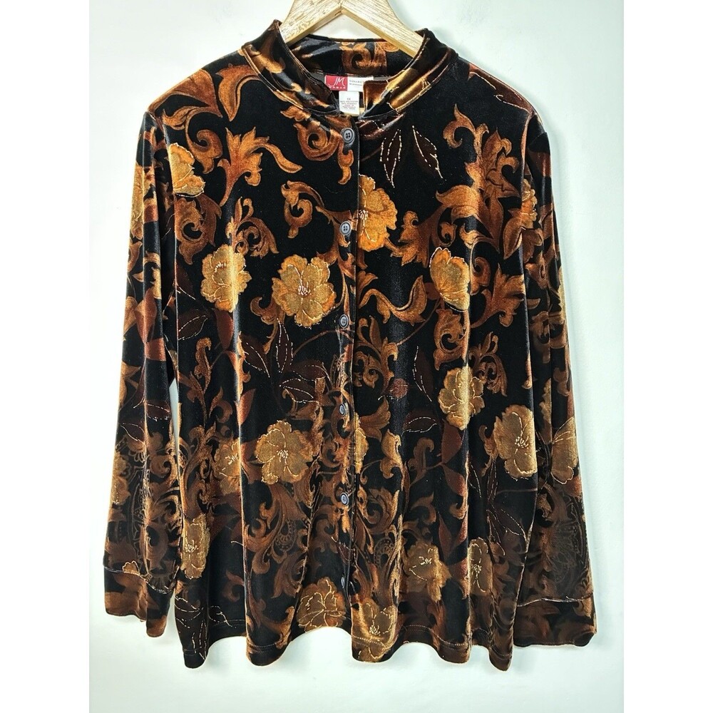 JM Woman Jennifer Moore Velvet Blouse Women’s 1X Black Brown Floral Whimsy Goth